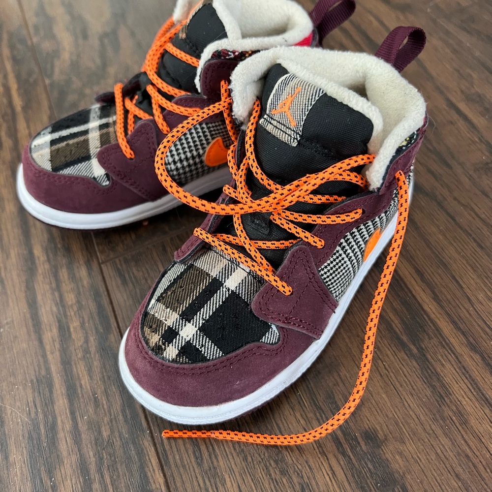 Nike Air Jordan 1 Mid Sneakers in Mixed Plaid, Orange & Maroon, 8c